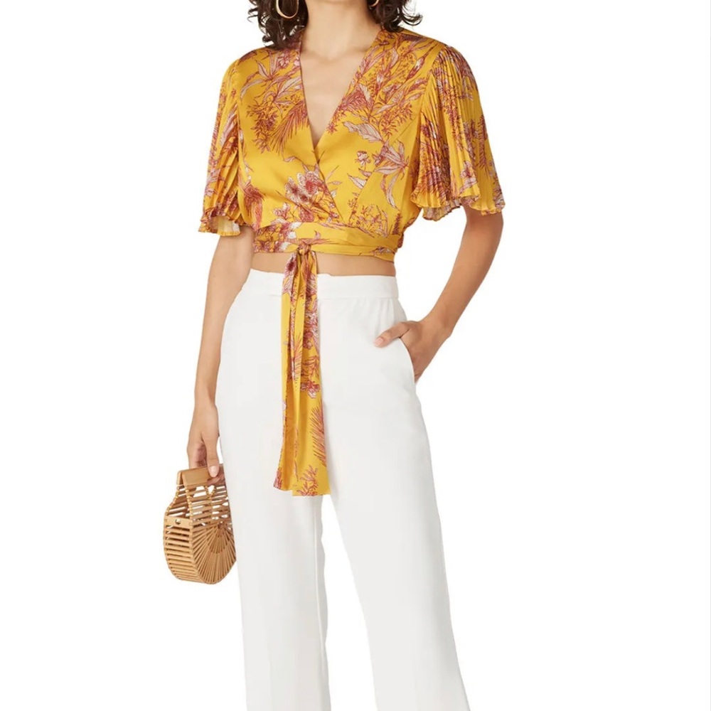 Alexis Rylie Wrap Satin Pleated Flutter Floral Top, S